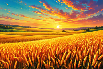 A picturesque sunset over a vast field of golden wheat, with the sky painted in hues of orange and pink.