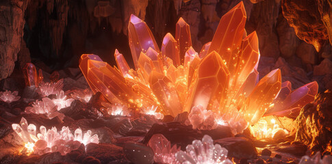 3D render of a dark crystal cave full of crystals, with an orange and pink color palette, cinematic lighting, in a hyper realistic style.
