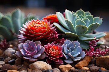 Vibrant succulents between rocks in garden dry., generative IA