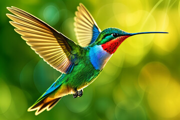 Fototapeta premium A vibrant hummingbird with blue, green and red feathers flying through the air.
