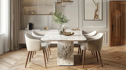Modern dining room interior with a marble table and chairs . Generative Ai