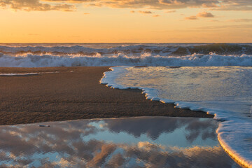 Sea sand beach. Panoramic beach landscape. Inspire tropical beach seascape horizon. Orange and...
