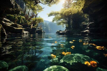 Natural source surrounded by serene aquatic plants., generative IA