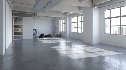 Modern interior design of apartment, empty interior with concrete flooring, windows. Generative Ai