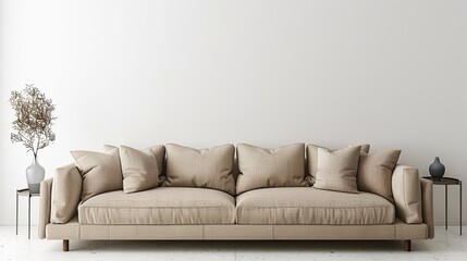 Modern interior of living room with beige sofa on empty white color wall background . Generative Ai