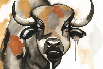 Watercolor buffalo illustration. Bison in a desert landscape