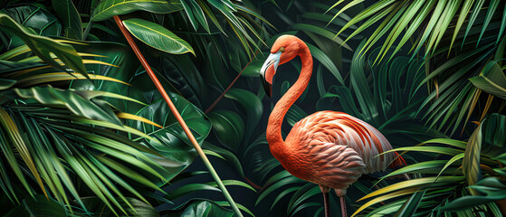 Obraz premium Tropical Scene Featuring a Colorful Flamingo Among Lush Palms, Ideal for Vibrant Textile Patterns