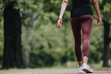 Active female jogger exercising outdoors on a sunny day, focusing on wellness and fitness in a...