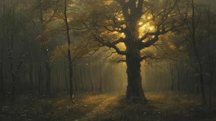 Obraz premium Ancient tree sanctuary setting for immersive storytelling, offering a view into a mythical forest world with ethereal lighting