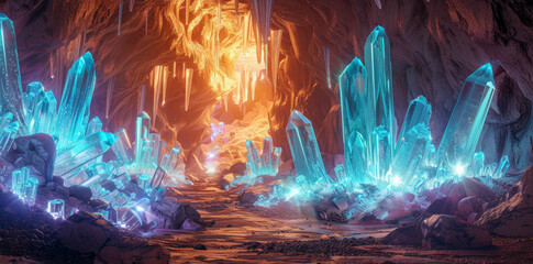 A fantasy cave filled with huge glowing crystals, in the style of photorealistic and cinematic fantasy concept art, with ultra detailed wide shot from a low angle