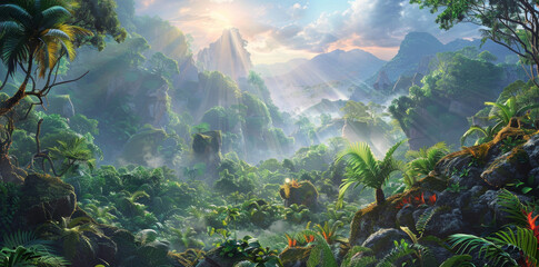 concept art of an ancient rainforest landscape, fantasy setting, misty mountains in the background, lush green trees and plants, tropical foliage