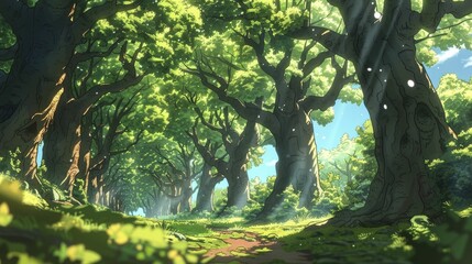 Fantasy film concept showcasing ancient forest sanctuary, with twisted trees and intricate play of light and shadow