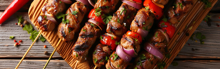 Mini kebab meat with vegetables Selective focus organic culinary healthy for eid festivel on wooden table background
