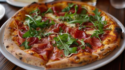 A gourmet pizza with truffle oil, arugula, and prosciutto,