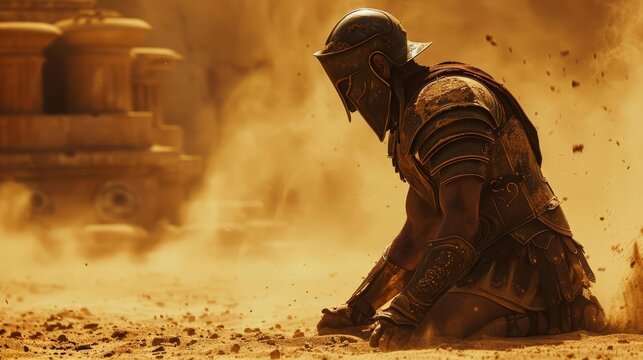 A gladiator kneeling in the sand, awaiting the final judgment from the emperor,