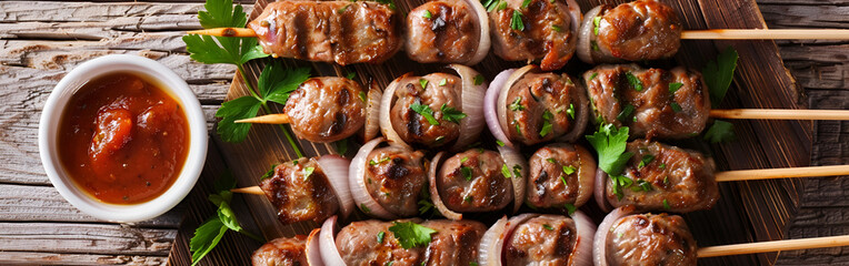 Grilled meat skewers shish kebab organic fresh meal on black background 
