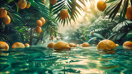 Vibrant Citrus and Mango Orchard in Mediterranean Sunlight, Ripe Fruits Amidst Lush Greenery, Tropical Agriculture Scene
