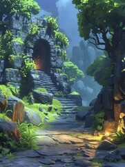 Magical world-building concept featuring ancient forest with overgrown moss and ethereal lighting