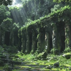 Magical world-building concept for games featuring an ancient, overgrown forest touched by ethereal light