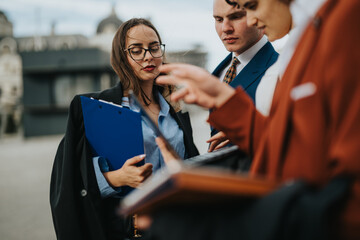 Three young business professionals having a serious outdoor meeting, all looking at documents. They...