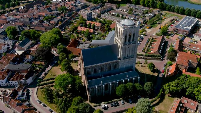Aerial view of St. Catharijnekerk, St Catherine Church in the fortified city of Brielle, Netherlands.