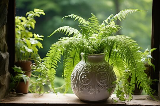 Exuberant samambaia in a vase adorned in the window., generative IA