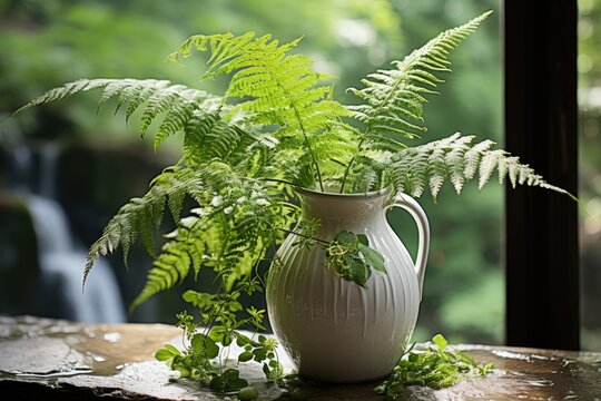 Exuberant samambaia in a vase adorned in the window., generative IA