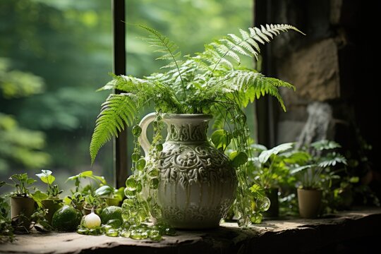 Exuberant samambaia in a vase adorned in the window., generative IA