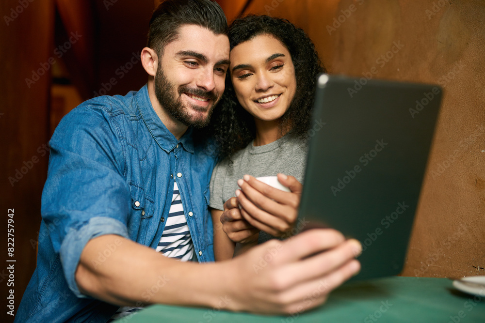 Sticker Date, selfie and smile with couple in restaurant together for bonding, memory or photograph. Love, romance or tablet with happy man and woman at table for anniversary, celebration or milestone