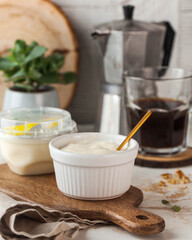 Smooth and velvety custard cream in a ceramic bowl