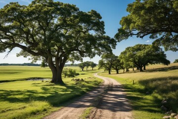 Spaced trees in serene green field., generative IA