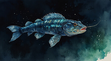 Fototapeta premium Watercolor painting: A deep-sea dragonfish emitting a bioluminescent glow, its eerie appearance and luminescent lure an otherworldly sight