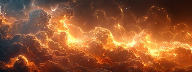 A group of glowing orange clouds floating in space with mass of energy flowing.