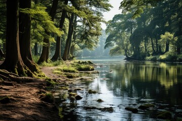 Obraz premium Serene lake ride trees reflect their majesty in the water., generative IA