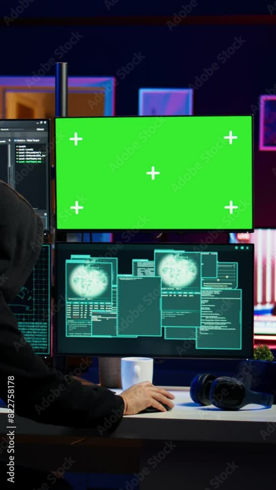 Poster vertical video rogue programmer using green screen pc to hack firewalls, getting attacks rejected by