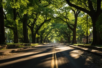 Obraz premium Urban streets shaded by majestic aligned trees., generative IA