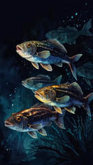 Naklejka premium Watercolor painting: A school of flashlight fish illuminating the darkness of the deep sea, their synchronized flashes creating a mesmerizing light show,