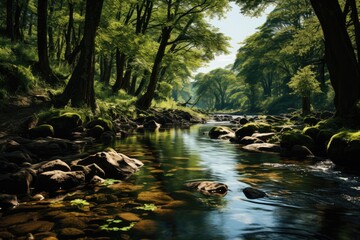 Obraz premium Tall trees next to serene stream., generative IA