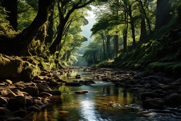 Tall trees next to serene stream., generative IA