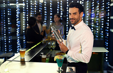 Club, portrait and bartender with cocktail shaker for alcohol drink, mixing or hospitality at...