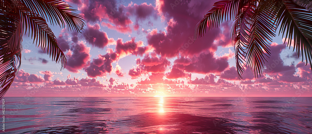 Wall mural vibrant sunset over ocean, colorful sky reflected in water, peaceful evening seascape, summer tranqu