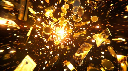golden poker cards and chips explosion in 3d casino background illustration