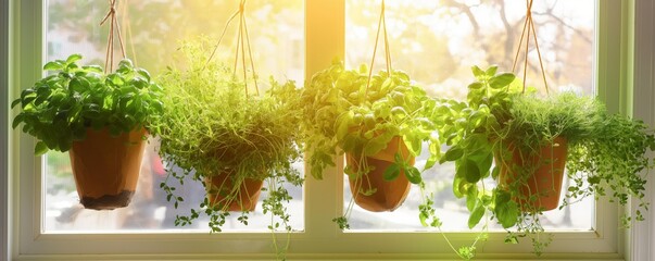 Home gardening herb plants in sunny window sill - Powered by Adobe
