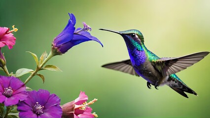 Obraz premium Hummingbird in Flight Approaching Vibrant Flowers