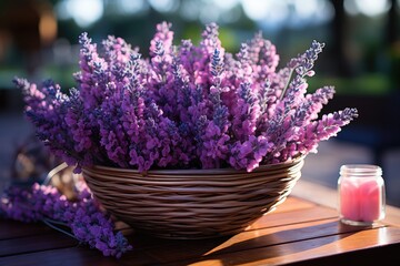 Fresh lavender branches in wicker basket., generative IA