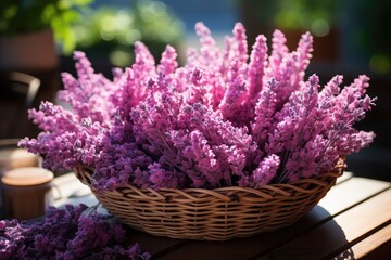 Fresh lavender branches in wicker basket., generative IA