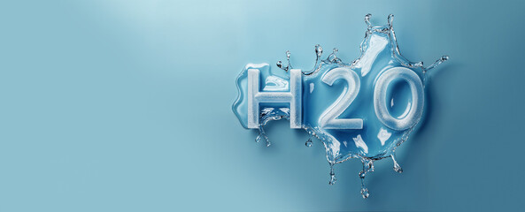 Fototapeta premium wide banner of water liquid h2o or ice text work in pure transparent flowing ripples and splashes, pure drinking water or ice frost cold aqua as poster effect design