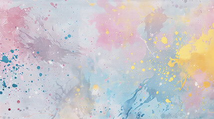 Pastel Paint Splatters in Soft Hues of Pink, Blue, and Yellow - Delicately Scattered Across a Light Gray Backdrop with Canvas or Cloth-Like Texture
