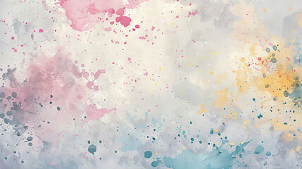 Pastel Paint Splatters in Soft Hues of Pink, Blue, and Yellow - Delicately Scattered Across a Light Gray Backdrop with Canvas or Cloth-Like Texture