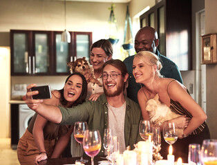 Selfie, group and friends with smile in party, celebration and embrace of pets, house and alcohol. Home, champagne or wine for people, men and women with happiness in apartment, dinner and drink